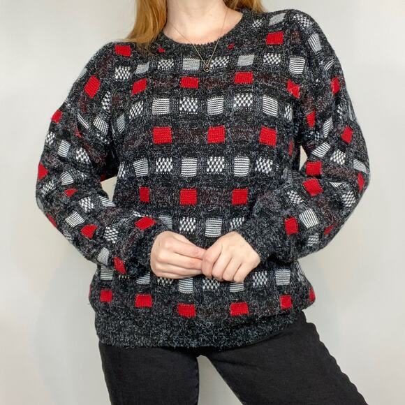 Vintage New Era Large Red & Gray Checkered Crewneck Dad/Grandpa Sweater - Picture 7 of 10